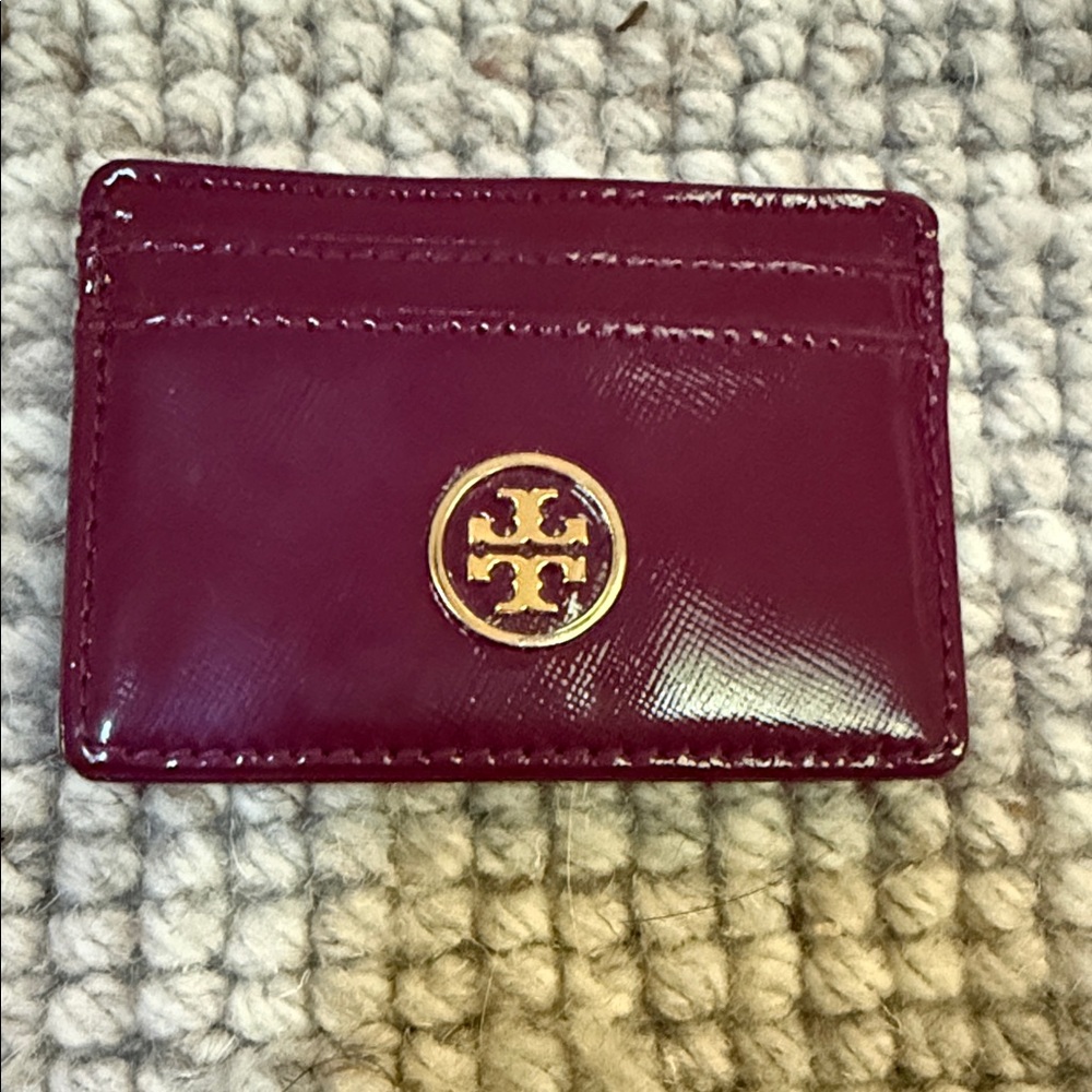 Tory Burch Glossy Burgundy Patent Card Holder with Gold Logo